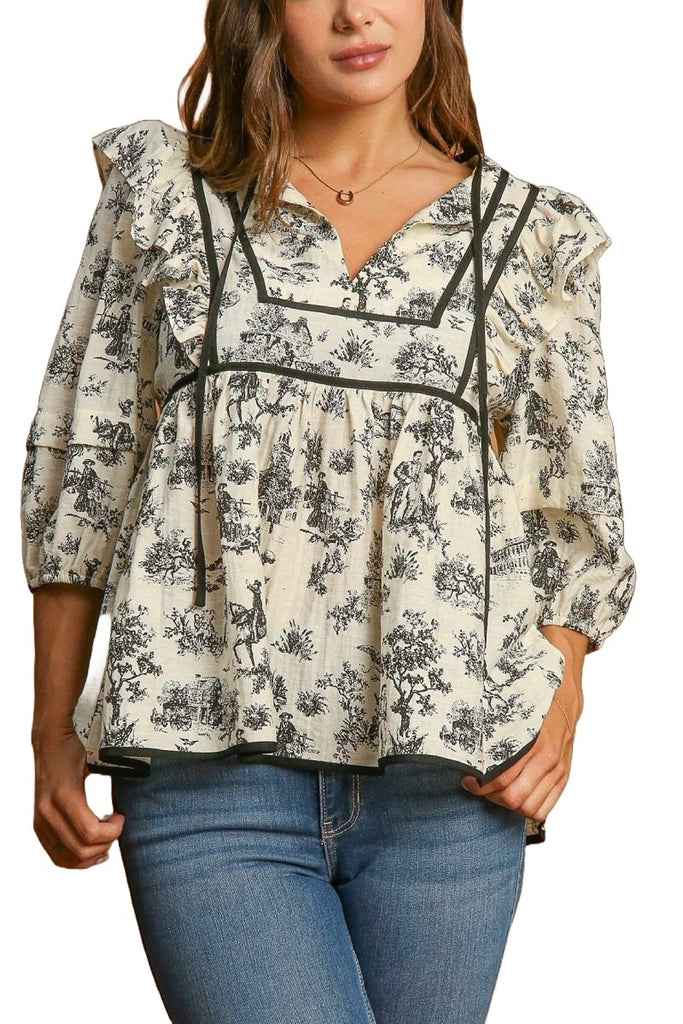 Landscape Print V-Neck Babydoll Top