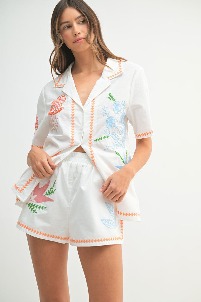 Embroidered Button Shirt Top & Shorts Set