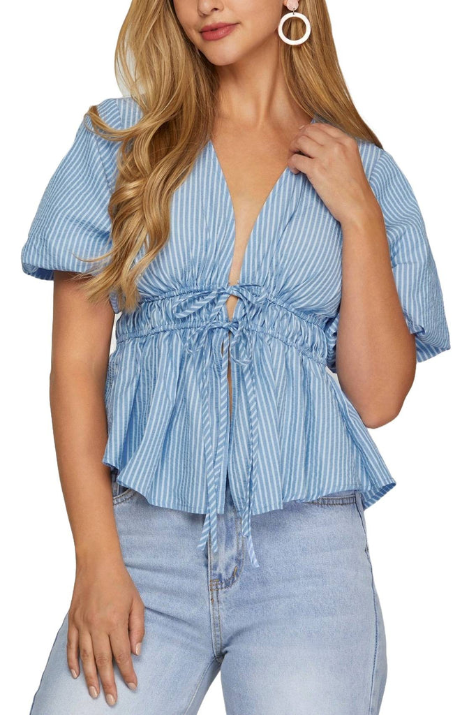 Puff Short Sleeve Woven Striped Top