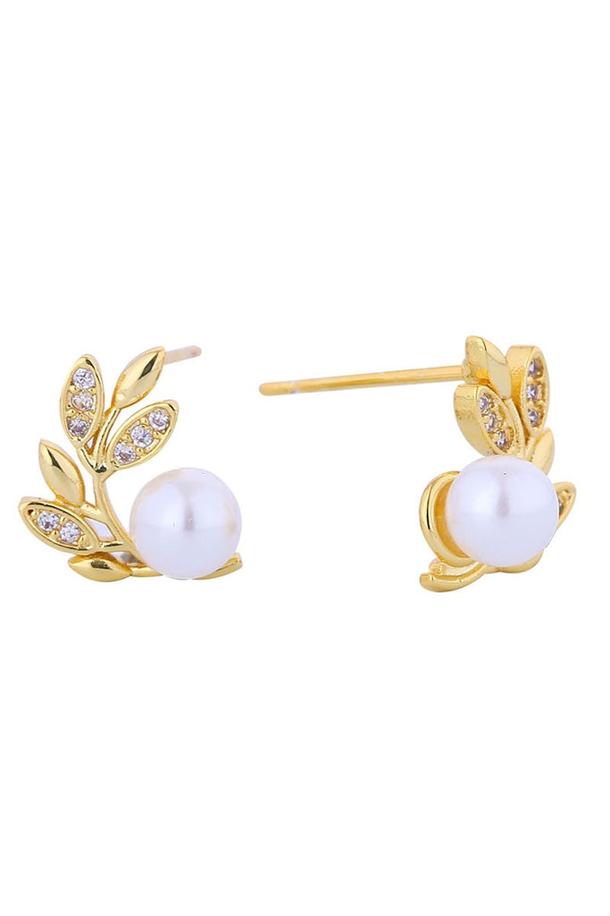14k Dipped Pearl Cz Plant Leaf Shape Post Earrings