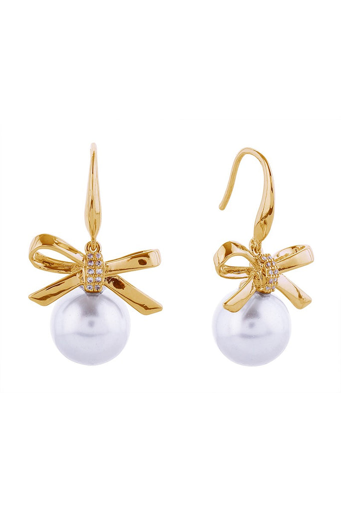 14k Dipped Ribbon Bow Pearl Drop Hook Earrings