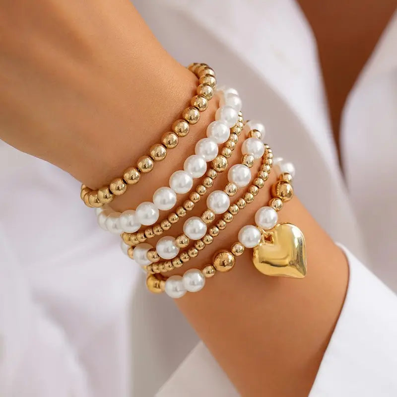 Multilayer Ball Pearl Chain Bead Heart Bracelet