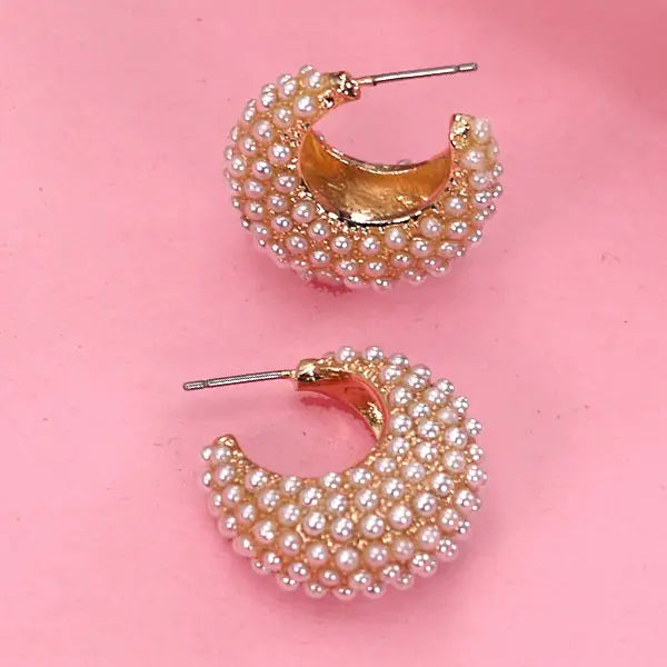Pearl Pave Gold Half Moon Huggie Hoop Earrings