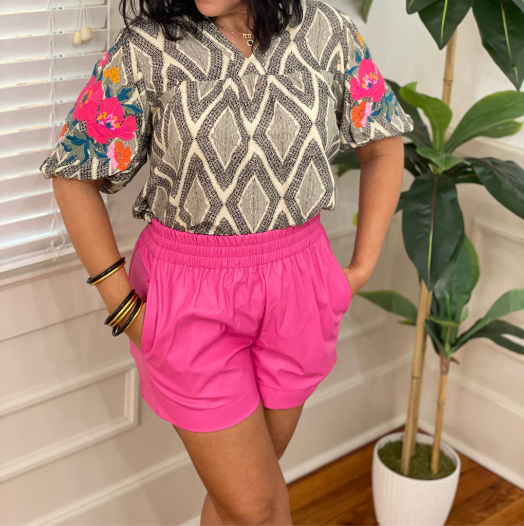 Embroidered Sleeve V-Neck Pattern Top