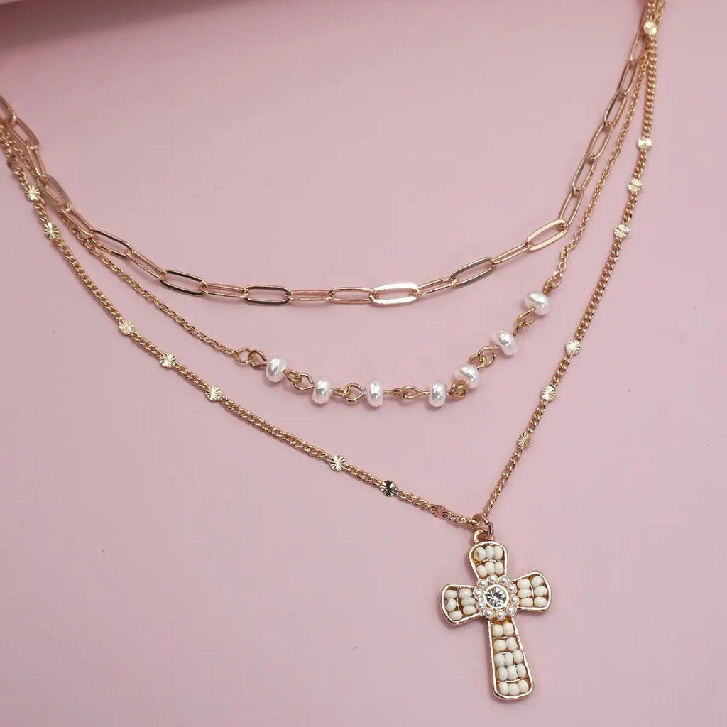 Seed Bead Cross Multi Layer Necklace