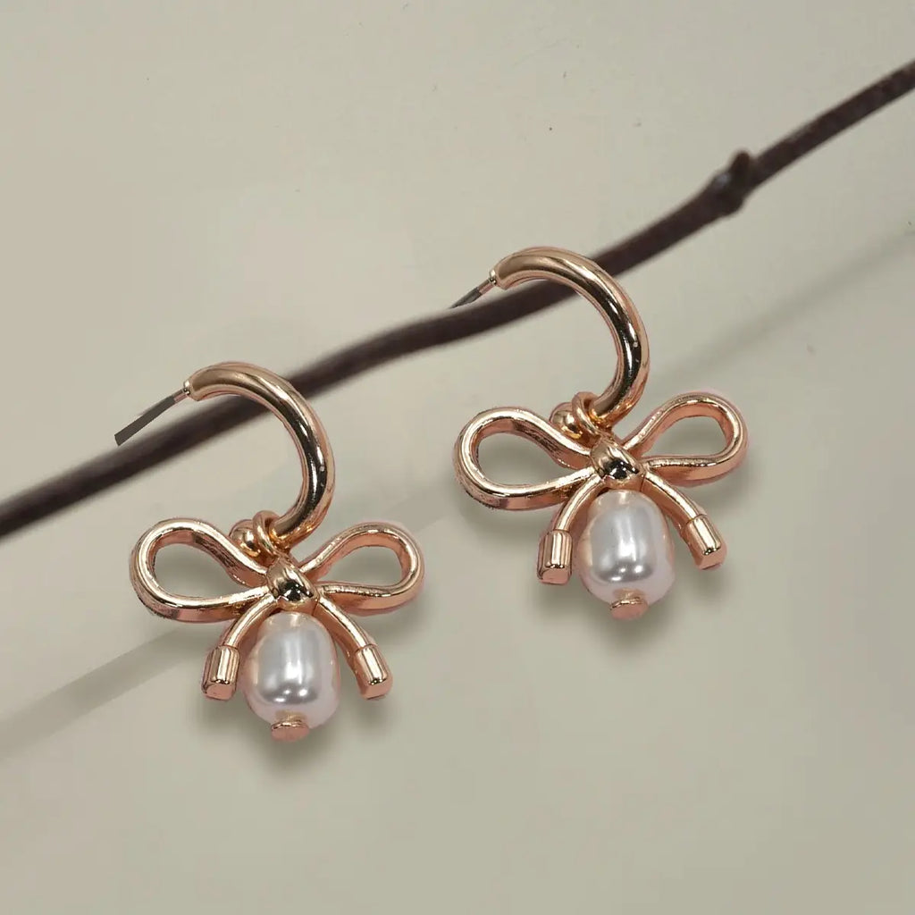 Bow Pearl Drop Mini Hoop Earrings