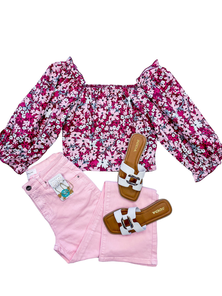 Floral Square Neck Puff Sleeve Crop Top
