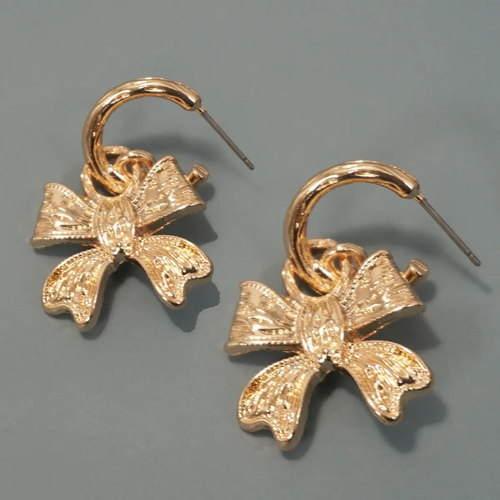 Textured Bow Drop Huggie Hoop Earrings