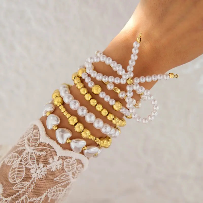 Multilayer Ball Chain Bead Pearl Bow Bracelet