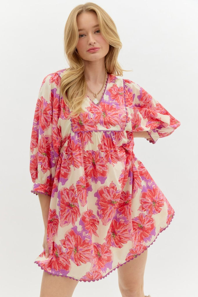 Floral ¾ Babydoll Pullover Mini Dress