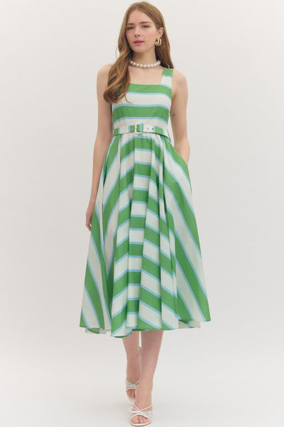 square neck midi dress green Striped Square Neck Midi Dress – C'est La Vie