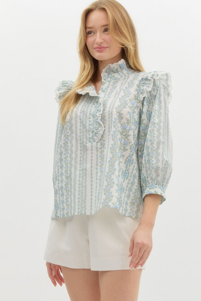 Floral ¾ Puff Sleeve Band Closure Top