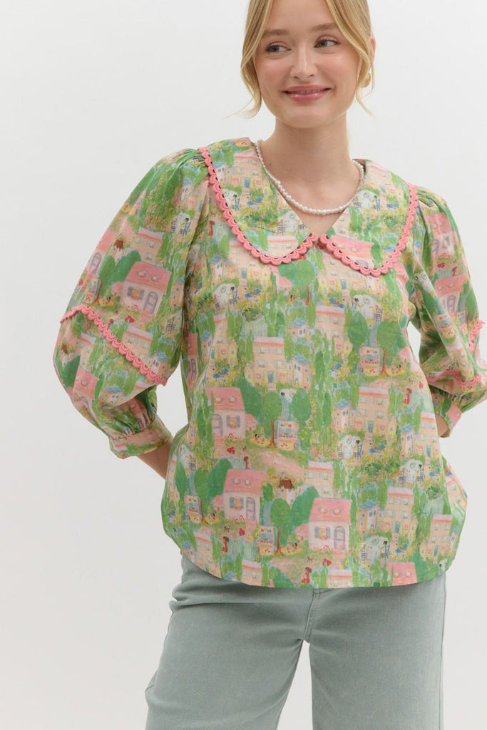 Printed ¾ Puff Sleeve Pullover Top