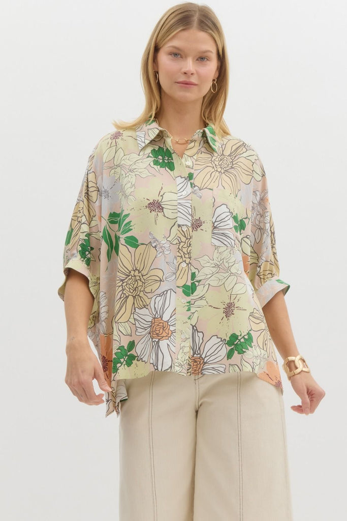Tropical Floral Band Cuff Oversized Top