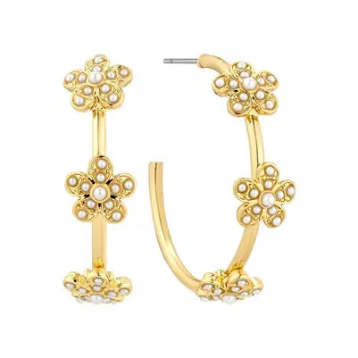 Gold Flower with Pearl Accent 1.25" Hoop Earring
