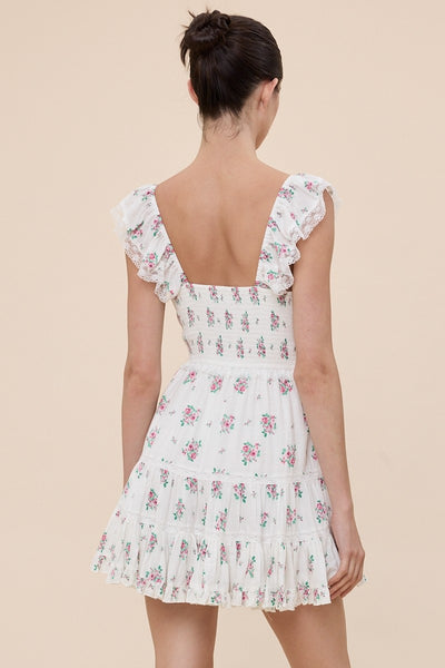 Floral Wing Sleeve Tiered Lace Mini Dress