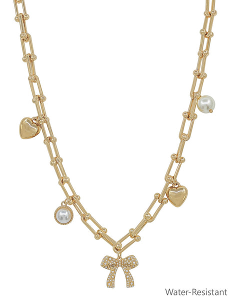 Water Resistant Gold Chain w/ Bow, Pearl, & Heart 16"-18" Necklace