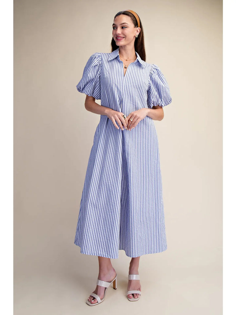 Collar V-Neck Stripe Pleated Midi Dress