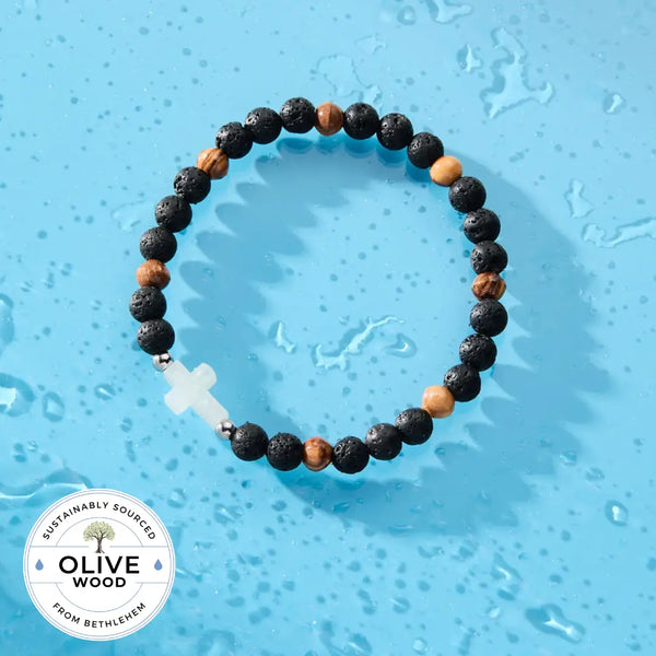 Holy Water Men's Olive Wood Cross Bracelet