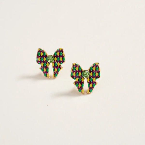 Mardi Gras Ribbon Bow Enamel Print Post Earrings