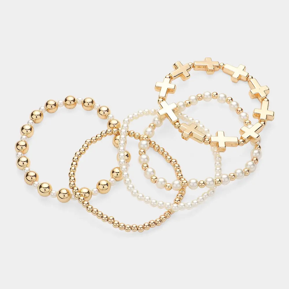Metal Cross Pearl Bead Stretch Multi Layered Bracelet Set