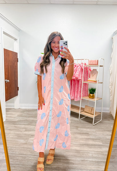 Embroidered Puff Sleeve Midi Dress