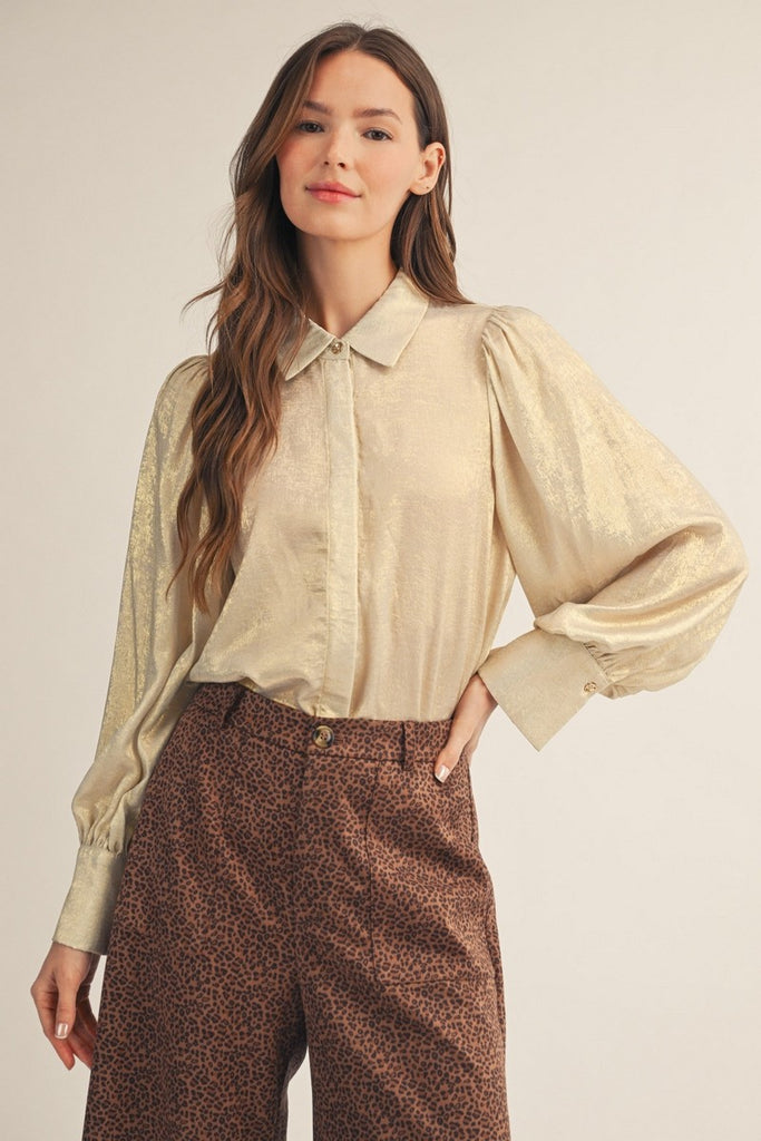 Puff Shoulder Button Down Metallic Top