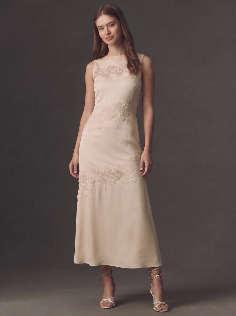 Satin Lace Panel Detail Midi Dress
