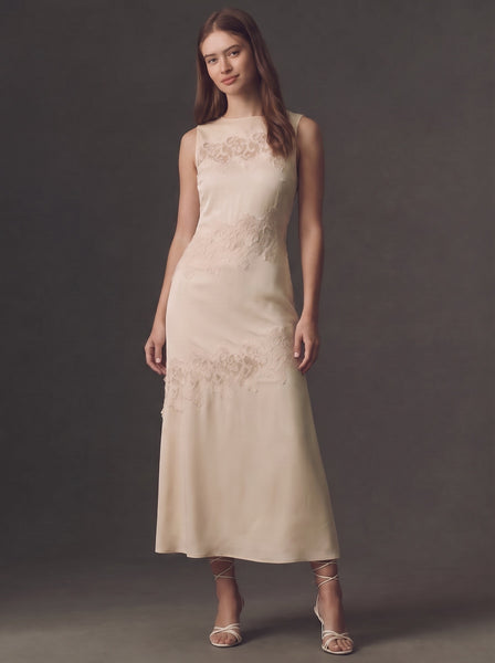 Satin Lace Panel Detail Midi Dress