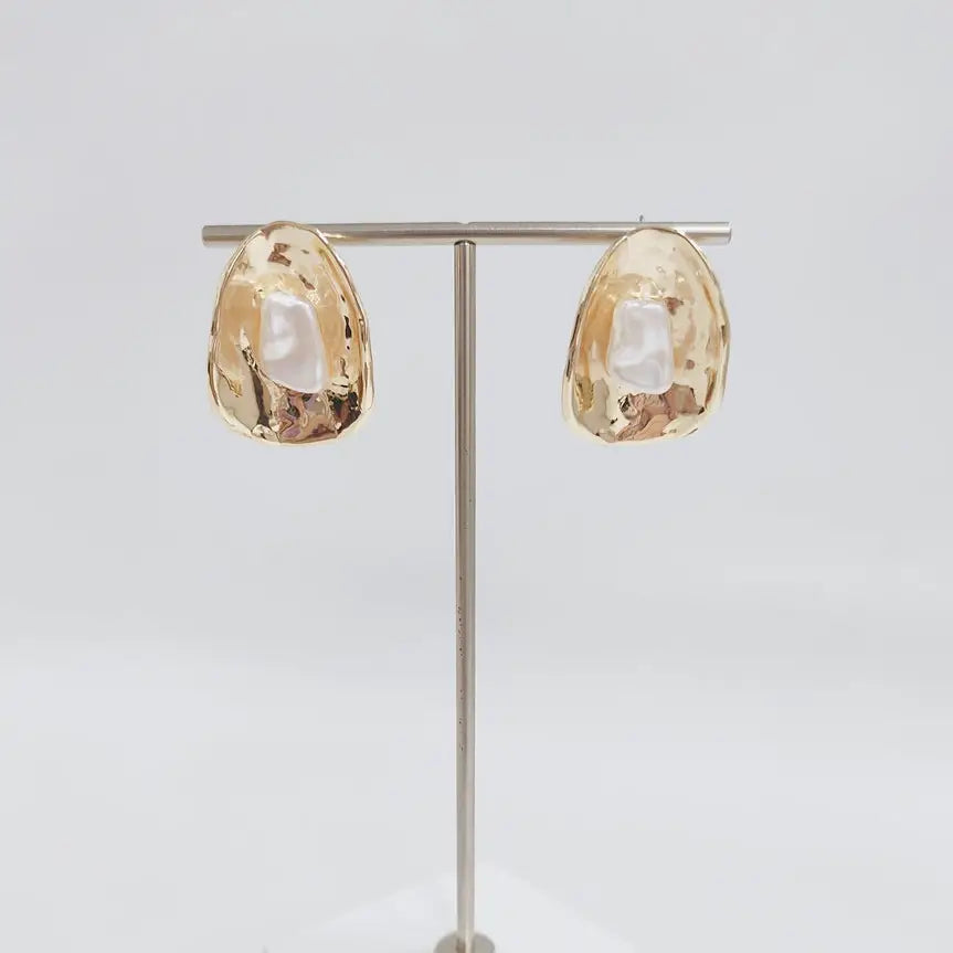 Gold Curved with Pearl 1" Earrings