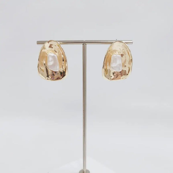 Gold Curved with Pearl 1" Earrings