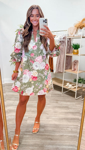 Floral ¾ Bubble Sleeve Mini Dress