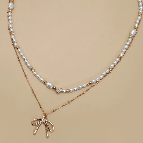 Pearl Heart Bow Ball Chain Double Layer Necklace