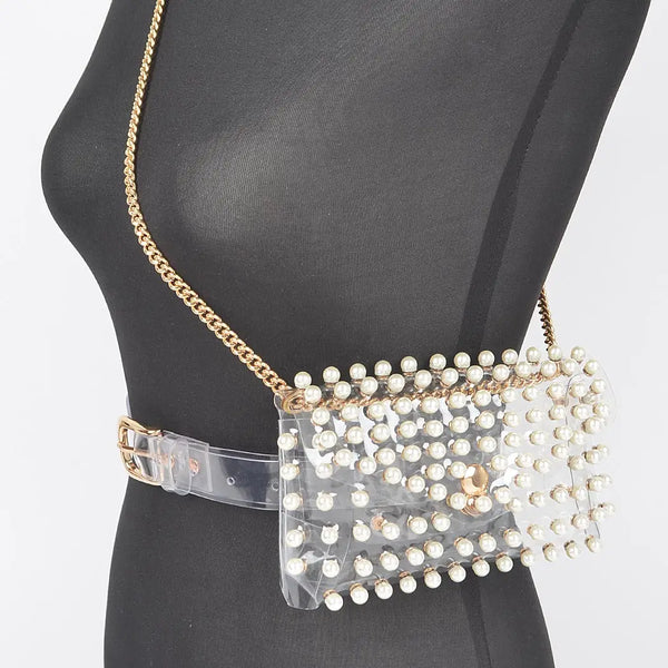 Rhinestone Clear Belt Bag W/Chain