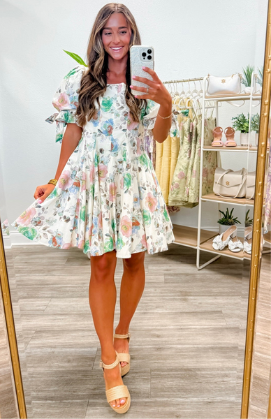Floral Bow Accent Bubble Sleeve Mini Dress