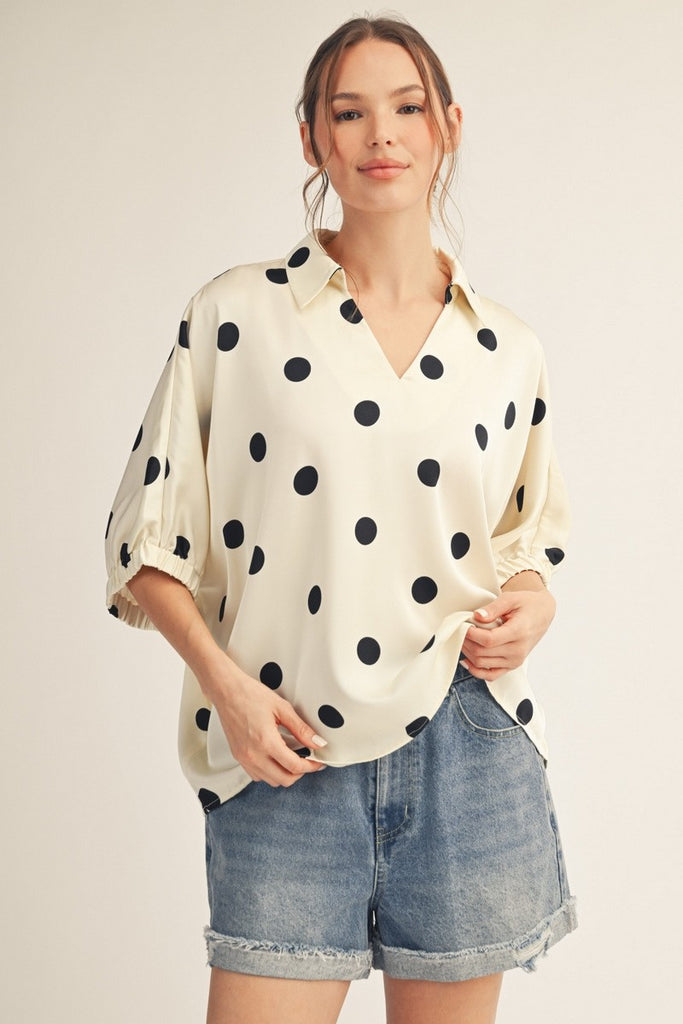 Polka Dot Satin Drop Shoulder Top