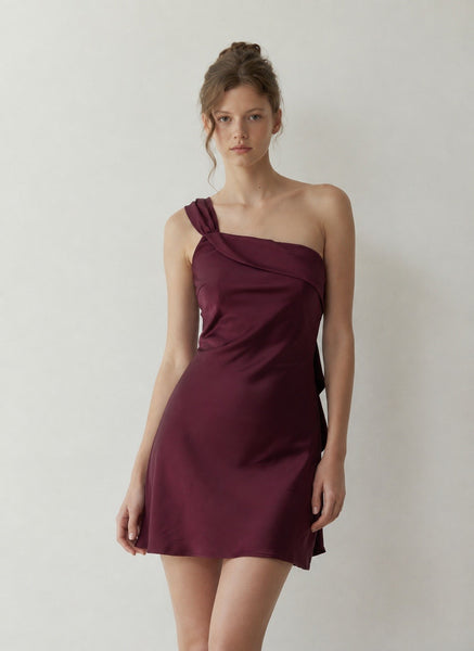 Asymmetrical Shoulder Detail Satin Mini Dress