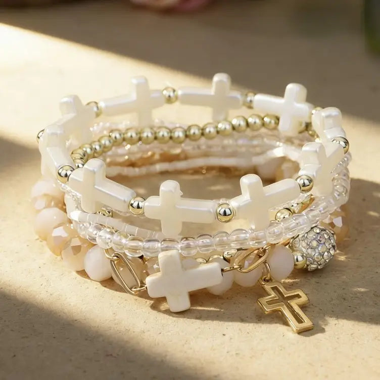 Cross Charm Mixed Beaded Bracelet Set-White