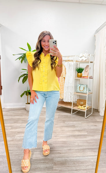 Ruffle Button Down Crinkled Solid Top