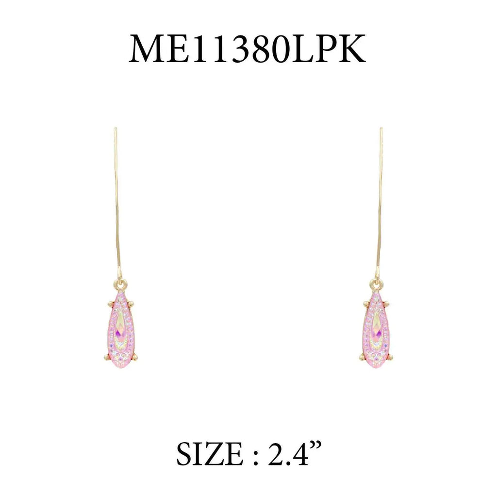 Gold Fish Hook Teardrop w/ Pink Crystal Teardrop 2.5" Earring