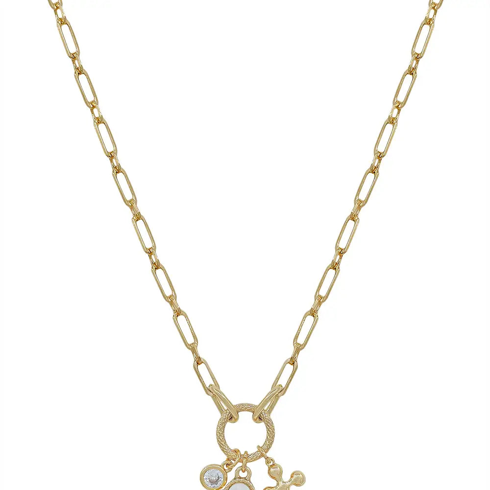 Gold Chain w/ Clover, Crystal, Cross Charms 16"-18" Necklace
