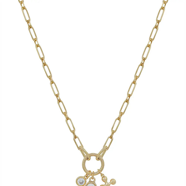 Gold Chain w/ Clover, Crystal, Cross Charms 16"-18" Necklace