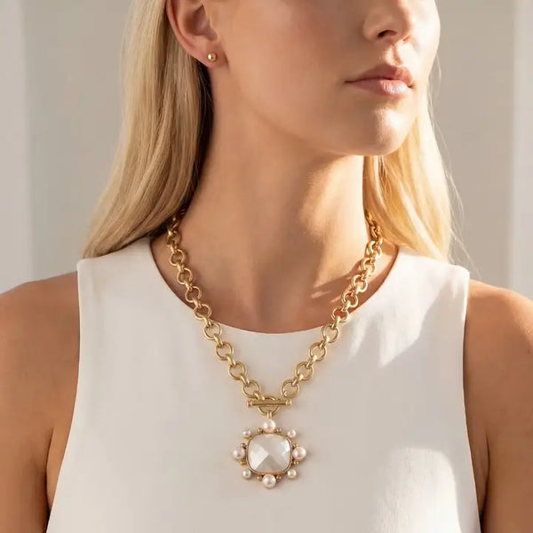 Chain Link Faceted Square Stone Pendant Necklace Set