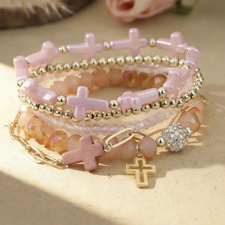 Cross Charm Mixed Beaded Bracelet Set-Pink