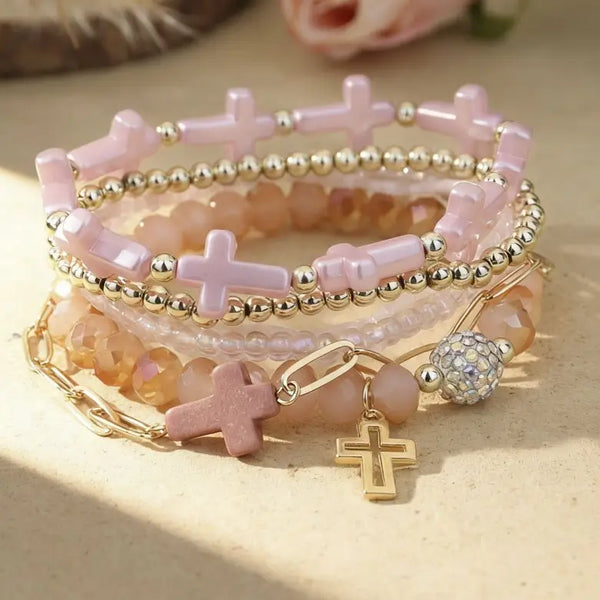 Cross Charm Mixed Beaded Bracelet Set-Pink