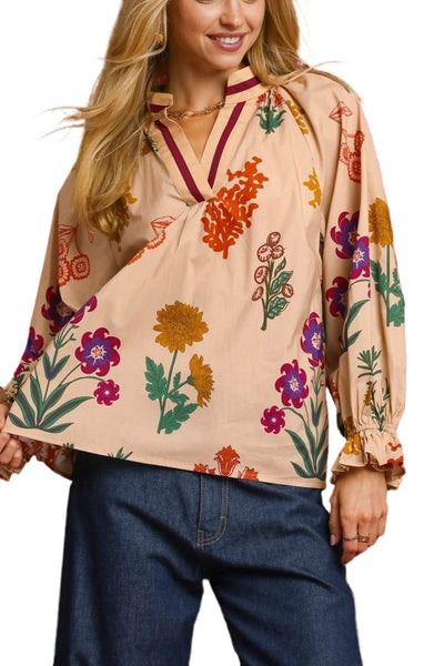 Floral Print V-Neck Open Collar Top