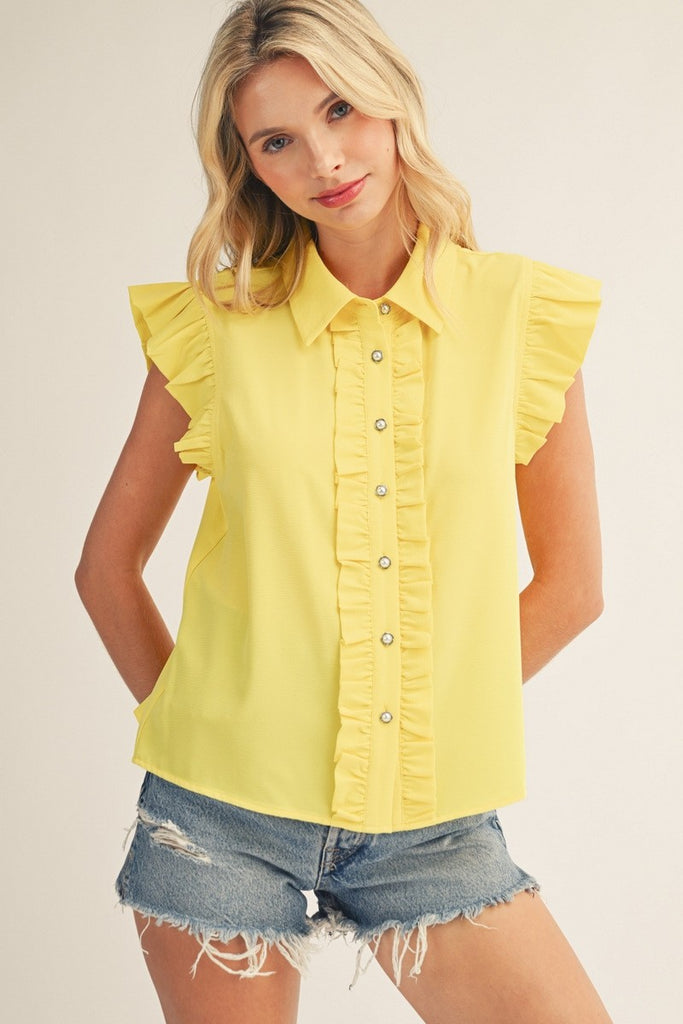 Ruffle Button Down Crinkled Solid Top