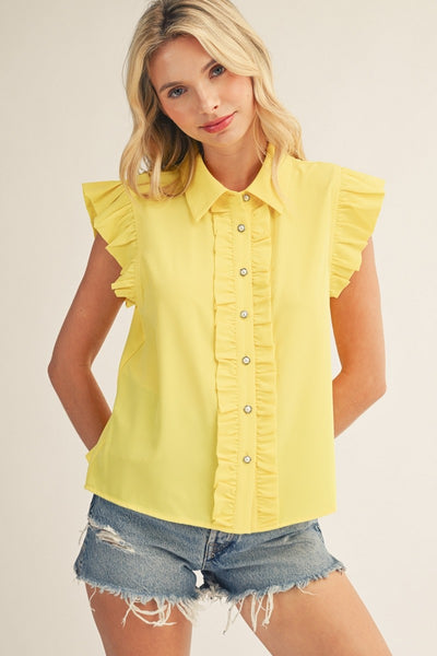 Ruffle Button Down Crinkled Solid Top