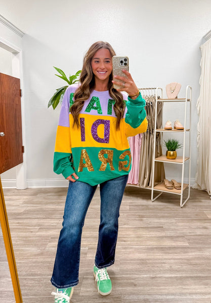 Sequins Mardi Gras Color Block LS Top