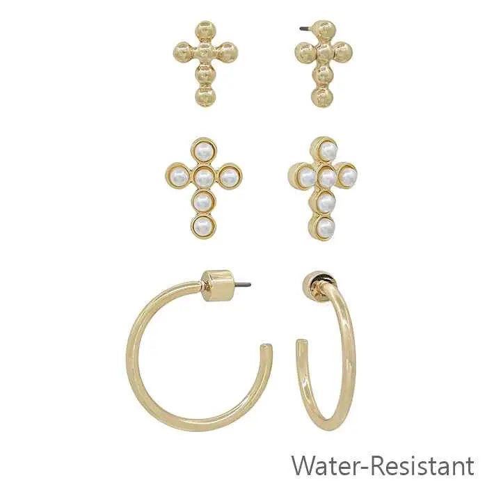 Water Resistant Set of Gold Cross, Hoop, & Pearl Cross Earrings